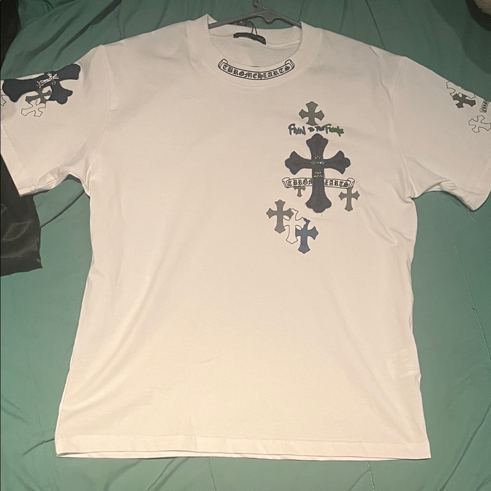 Chrome Hearts White Tee with Blue Cross Graphics